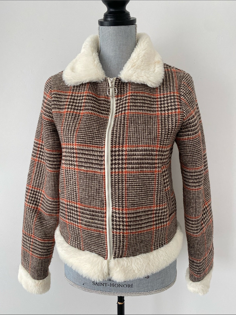 HYFVE Plaid Bomber Jacket with Cream Faux Fur Trim Sz S Academia Preppy Casual